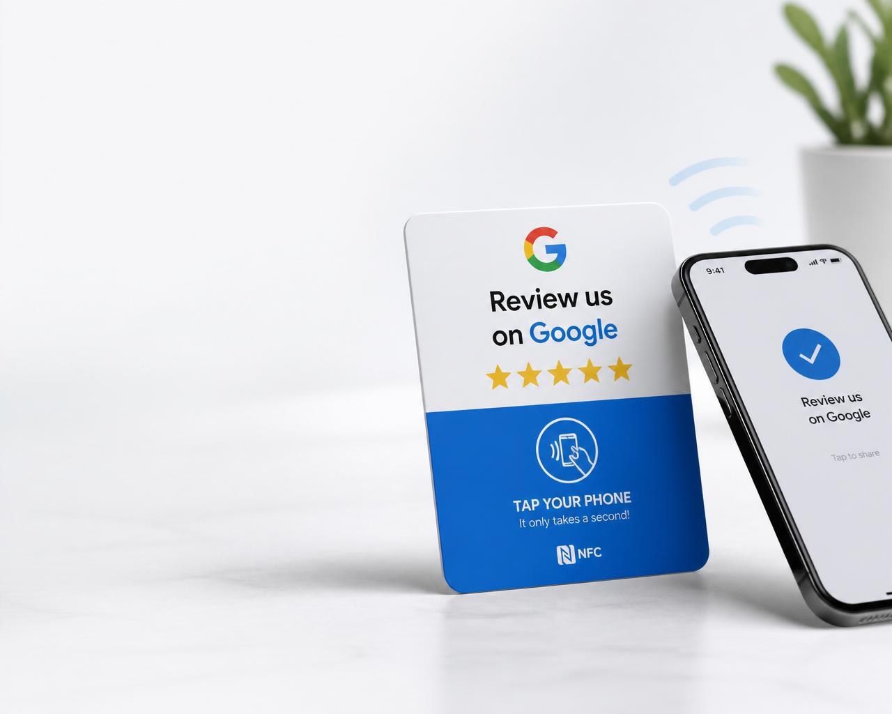 Carta recensione NFC Google con smartphone che effettua il tap